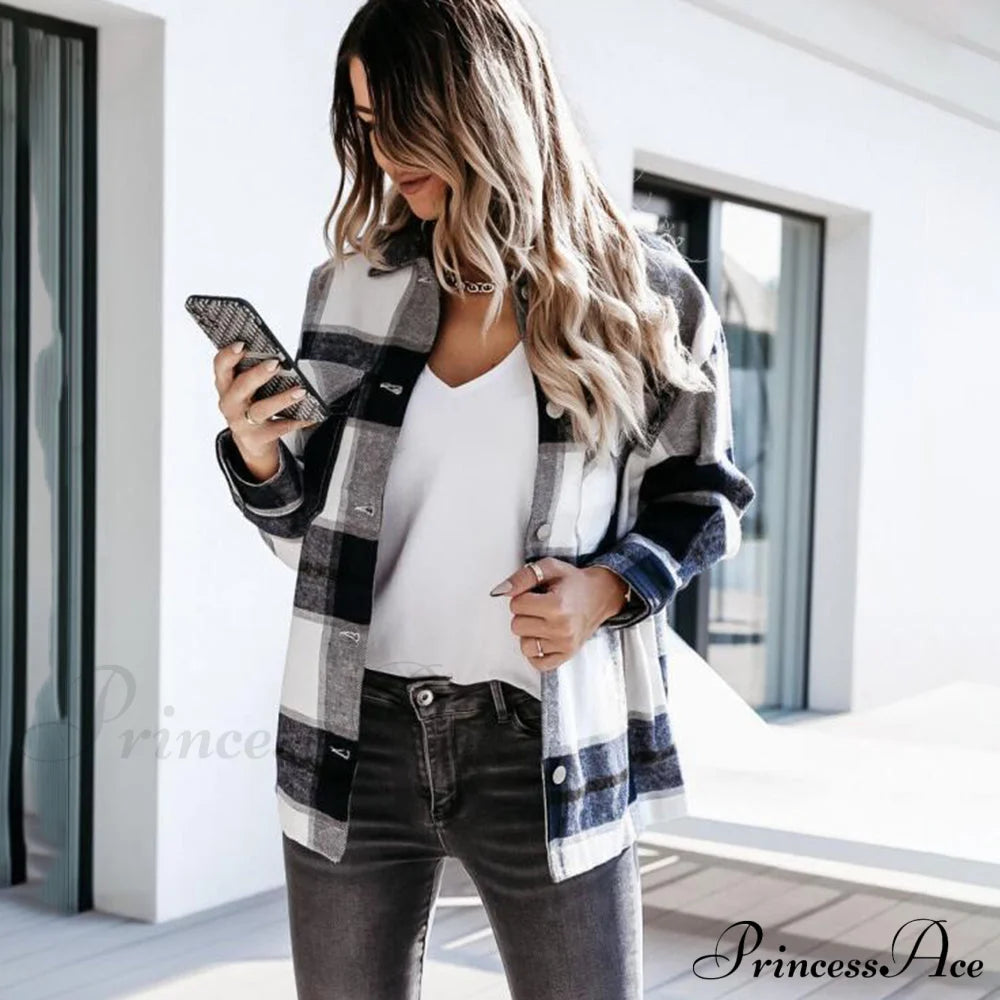 Blouse Long - Button Women’s Up Plaid Arm Collared Black/White