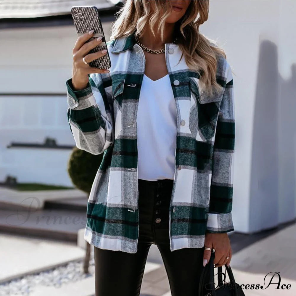 Blouse Long - Button Women’s Up Plaid Arm Collared Black/White