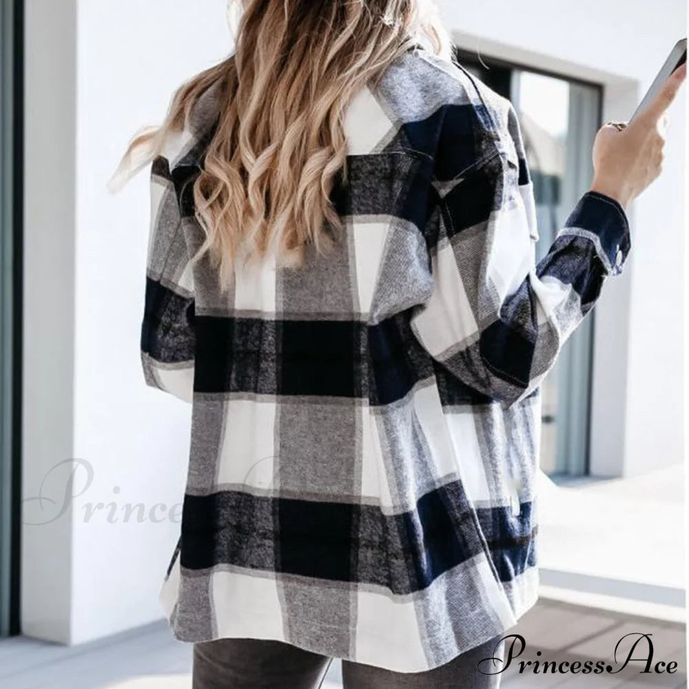 Blouse Long - Button Women’s Up Plaid Arm Collared Black/White
