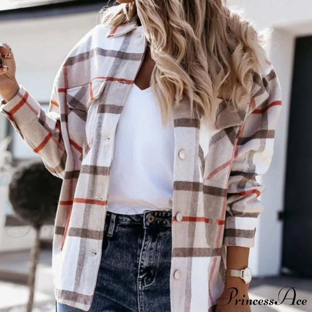 Blouse Long - Button Women’s Up Plaid Arm Collared Black/White S / Khaki