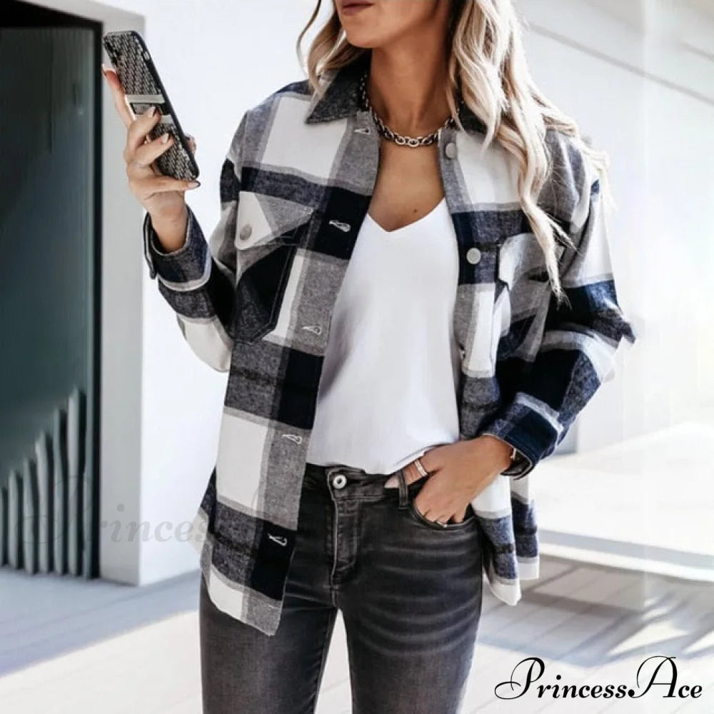 Blouse Long - Button Women’s Up Plaid Arm Collared Black/White S / Picture Color
