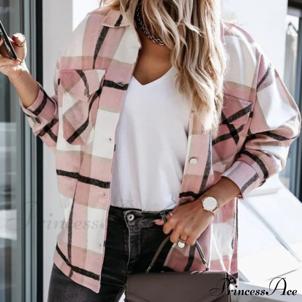 Blouse Long - Button Women’s Up Plaid Arm Collared Black/White S / Pink