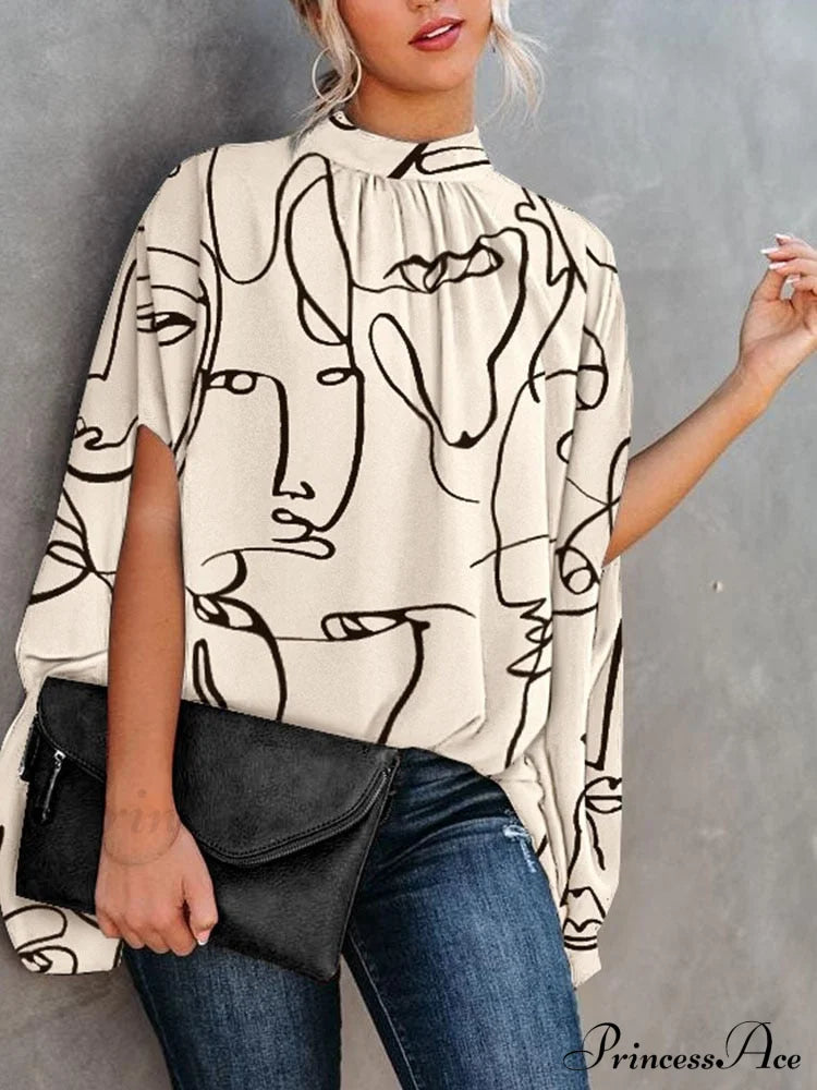 Blouse Loose Top Femme Arm Casual Design Women Warm-Season Fashion Brief Elegant Apricot Print / S