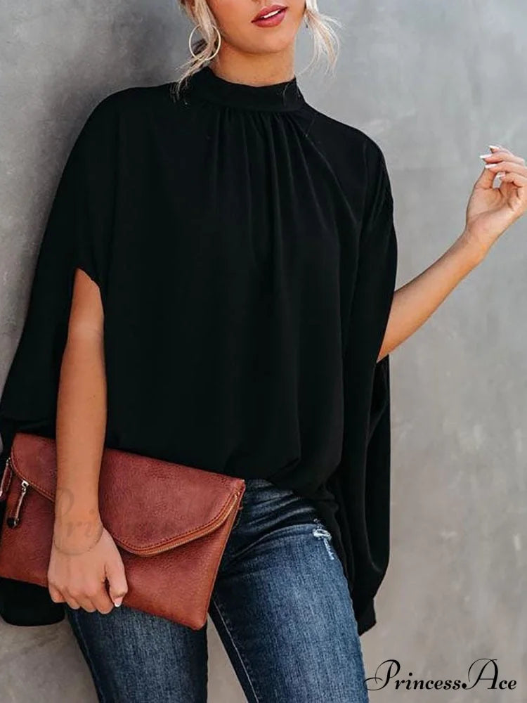 Blouse Loose Top Femme Arm Casual Design Women Warm-Season Fashion Brief Elegant Black / S