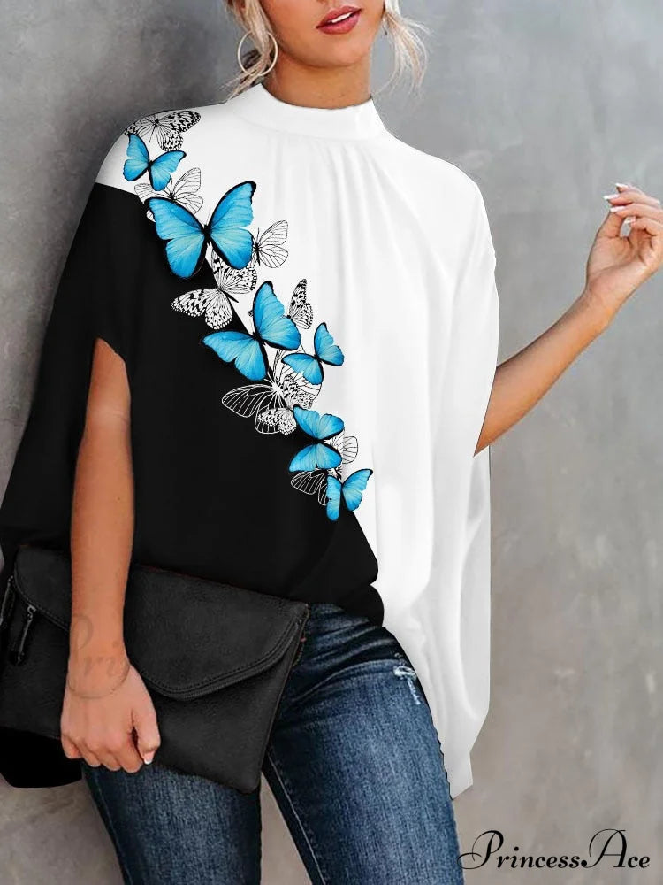 Blouse Loose Top Femme Arm Casual Design Women Warm-Season Fashion Brief Elegant Splicing / S