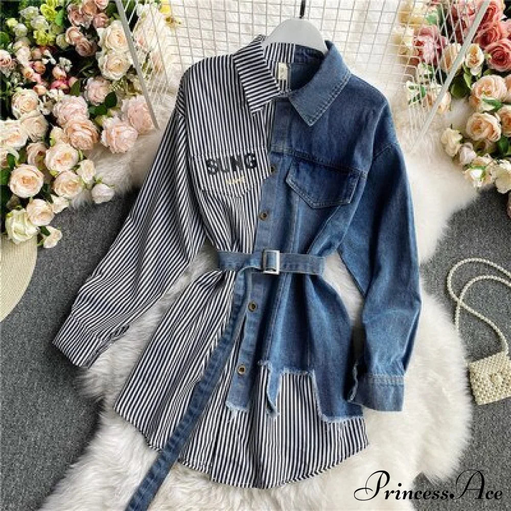 Blouse Patchwork - Plaid Jeans Long Women’s With Autumn Arm Elegant Design Slim Dress Gray / One