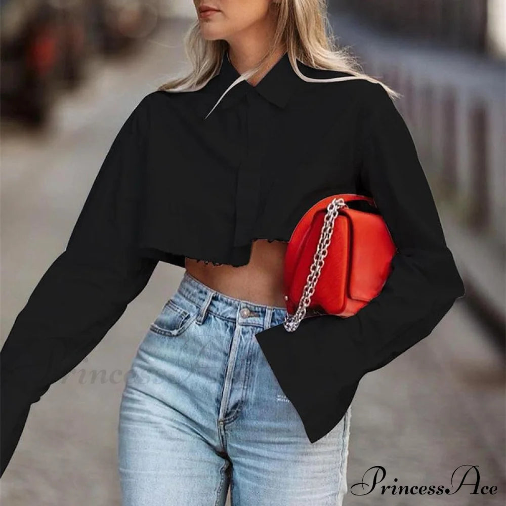 Blouse Shirts Women Neckline Solid Color Long Oversized Arm Tassel For Crop Lapel Top Female Black