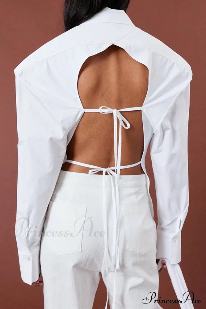 Blouse White Arm Shoulder Long Backless With Up Lace Pads Blouses
