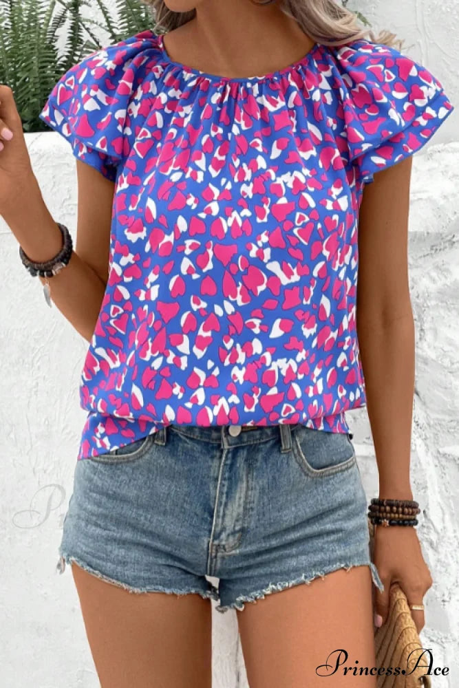 Blouse With Flutter Neck Round Arm Print
