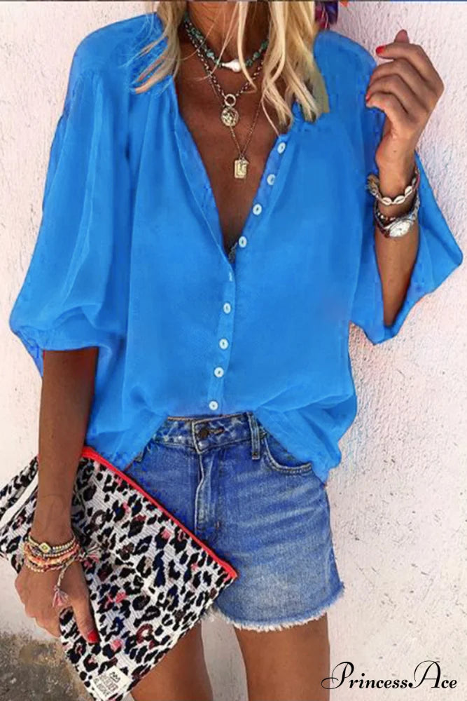 Blouse With Lace-Up Red Buttons Design S / Blue Tops