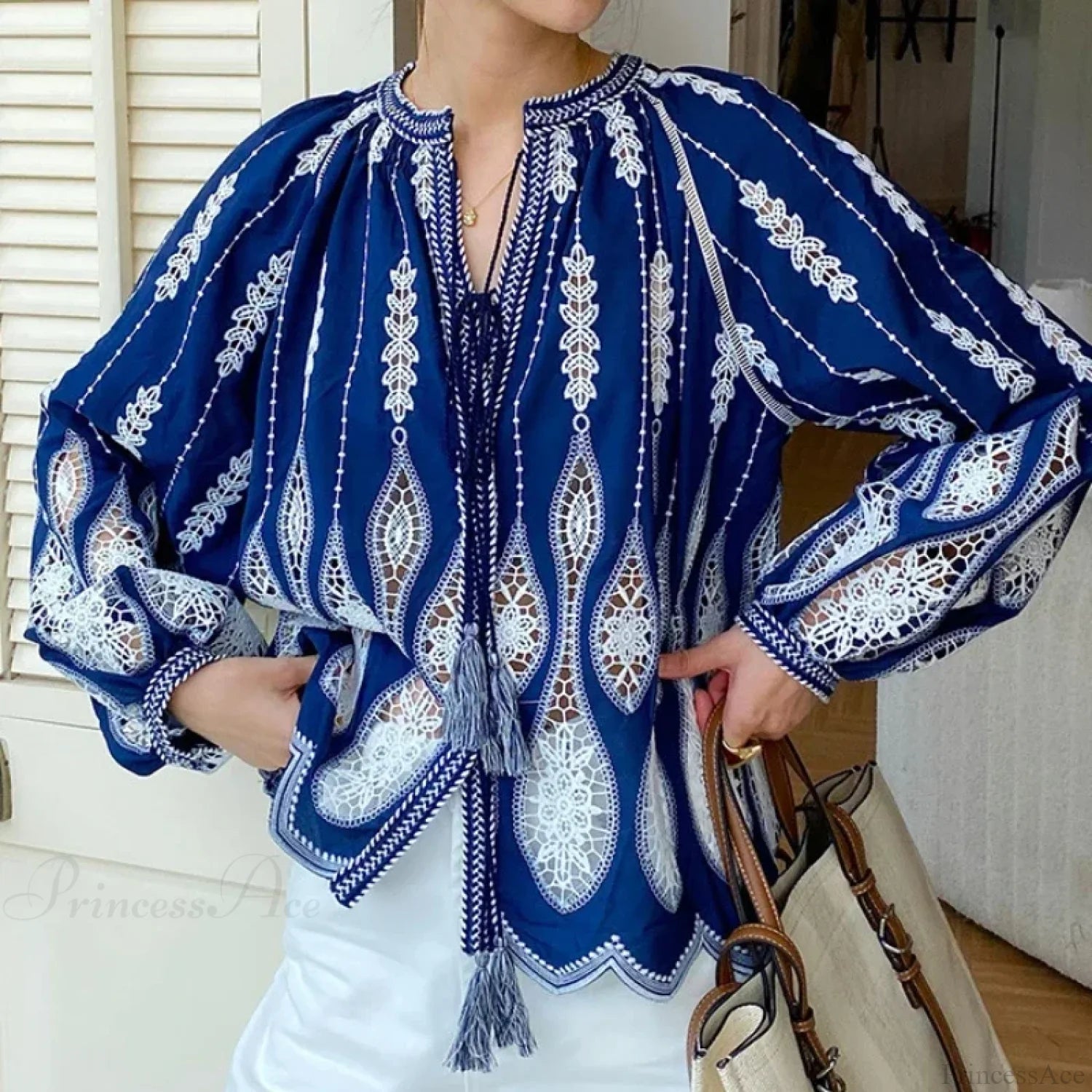 Blue Embroidery Lantern Sleeve Ethnic Boho Blouse