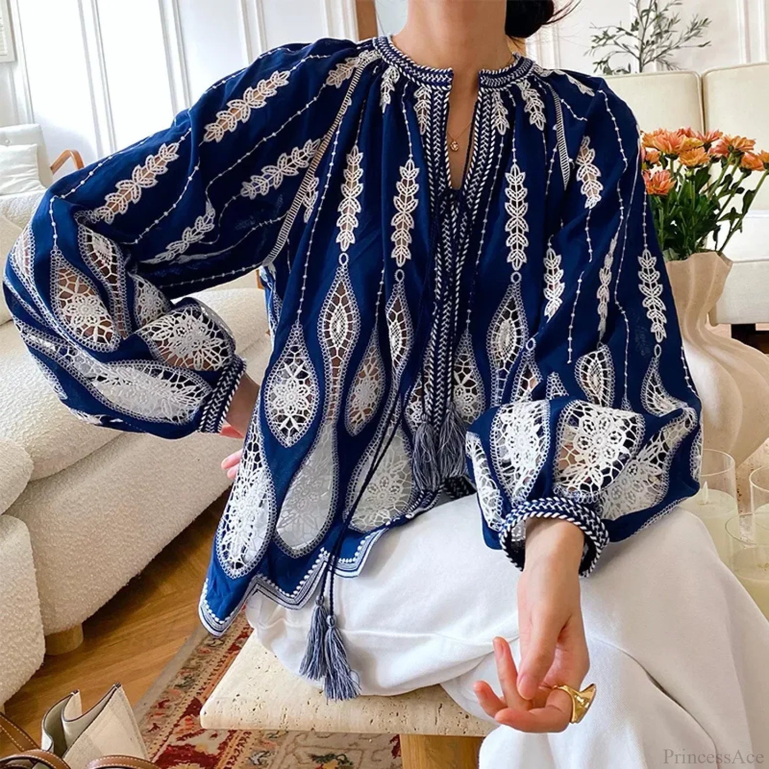 Blue Embroidery Lantern Sleeve Ethnic Boho Blouse Blue / S