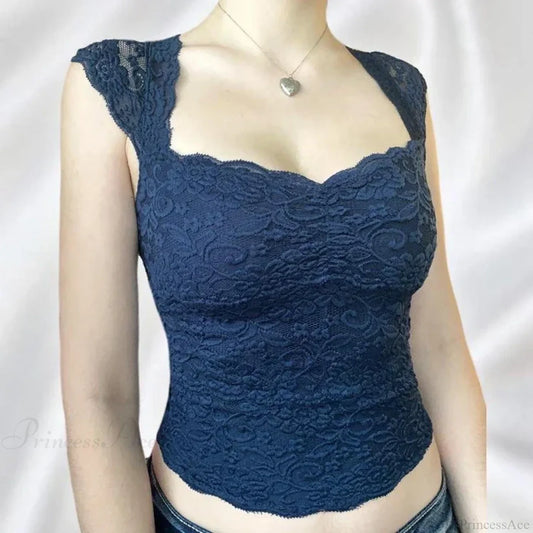 Blue Floral Lace Milkmaid Y2K Crop Top croptop-250126
