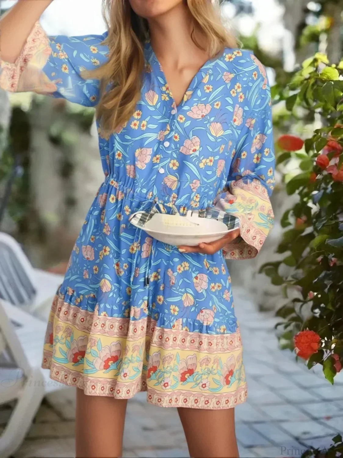 Blue Floral Print Flare Sleeve Boho Dress Blue / S bohodress-250126