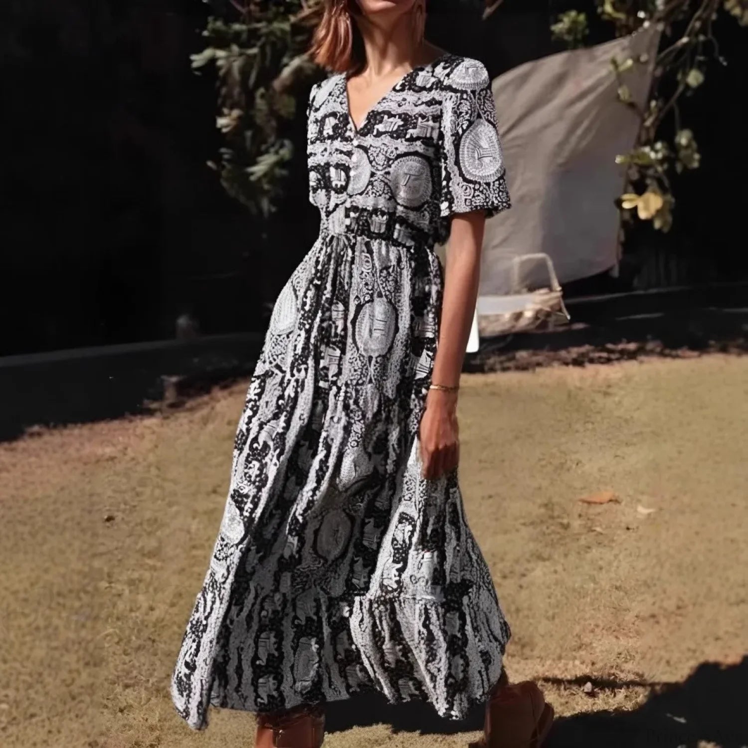 Blue Floral Print Ruffles Sleeve Rayon A-line Beach Maxi Boho Dress Black / S bohodress-250126