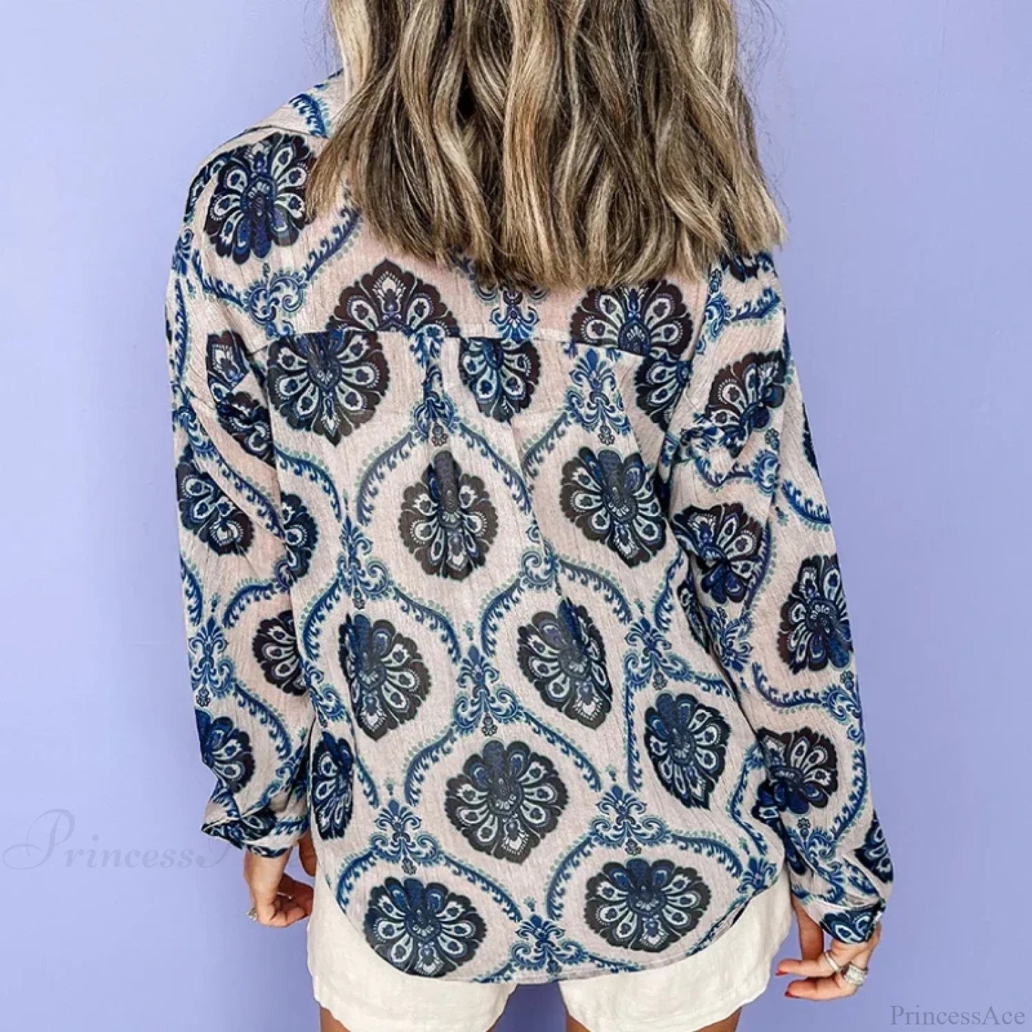 Blue Floral Printed Long Sleeve V-Neck Boho Blouse bohoblouse-250126