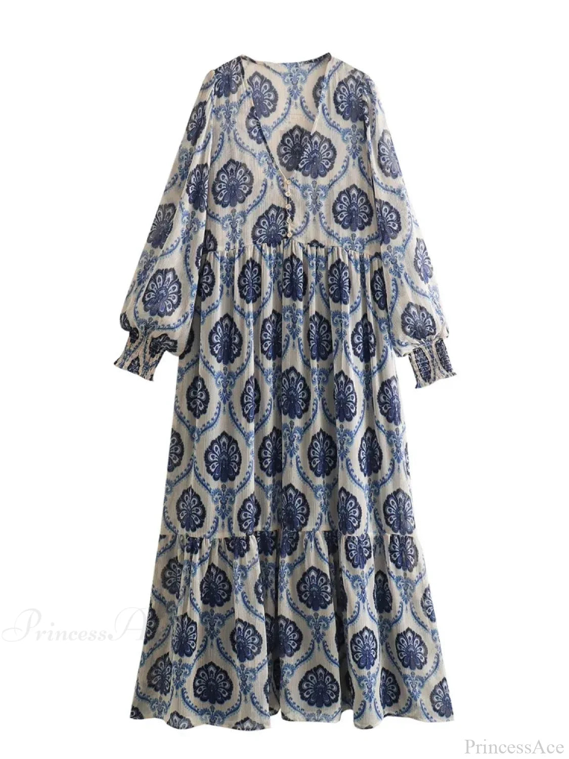 Blue Floral Printed Long Sleeve V-Neck Boho Blouse Dress / XS bohoblouse-250126