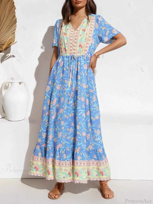 Blue Floral Ruffles Tassel Boho Dress light blue / S bohodress-250126