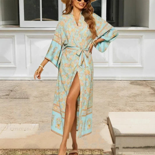 Blue Floral Sashes Boho Kimono Dress Blue / S bohodress-250126