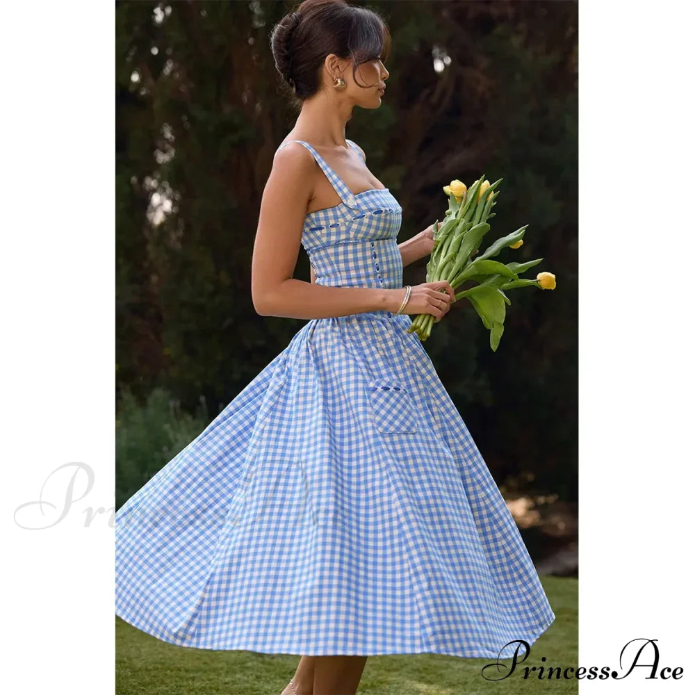 Blue Gingham Stylish Strap Midi Dress