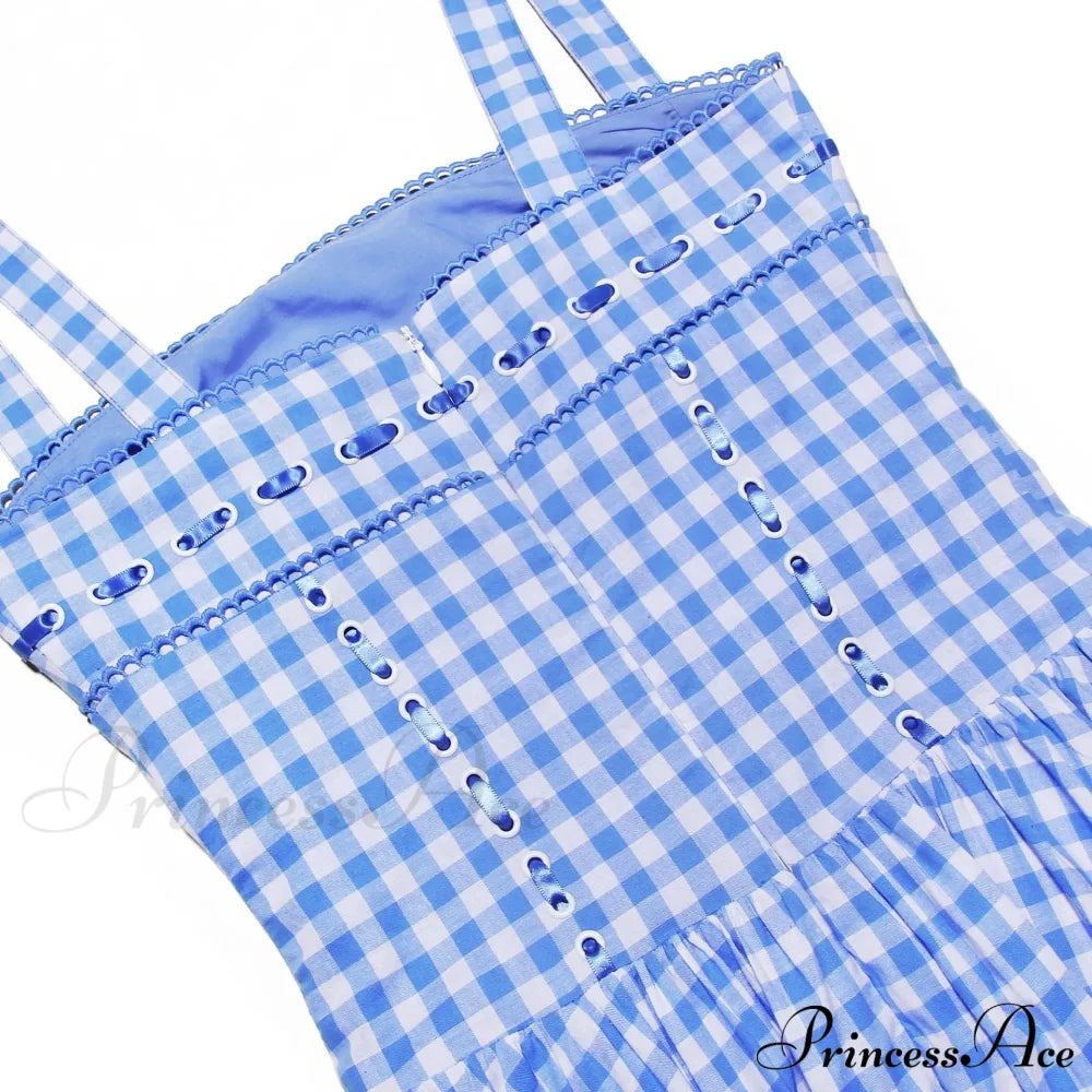 Blue Gingham Stylish Strap Midi Dress