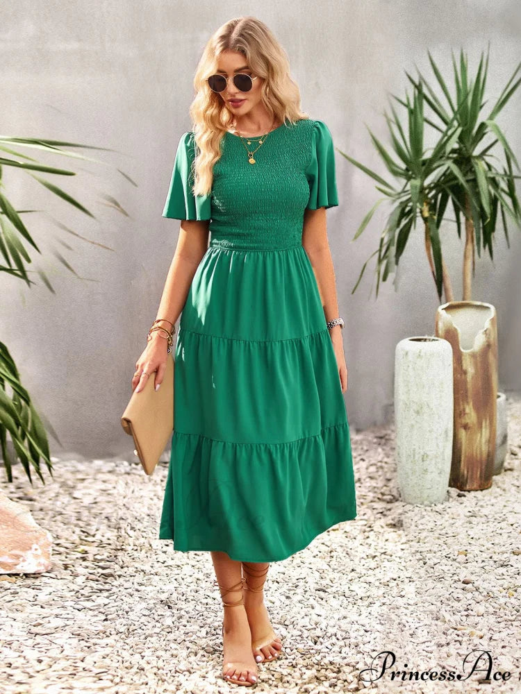 Blue Green Puff Sleeve Smocked Ruffle Tiered Midi Dress S / Blue Maxi Midi Dress