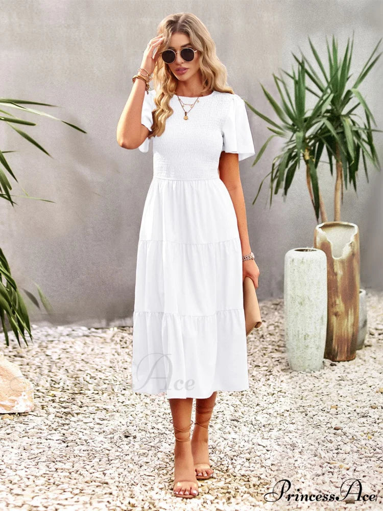 Blue Green Puff Sleeve Smocked Ruffle Tiered Midi Dress S / White Blue Maxi Midi Dress