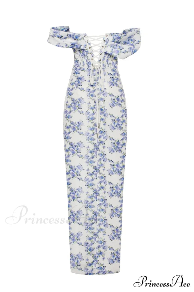 Blue Hydrangea Stylish Off-Shoulder Satin Dress