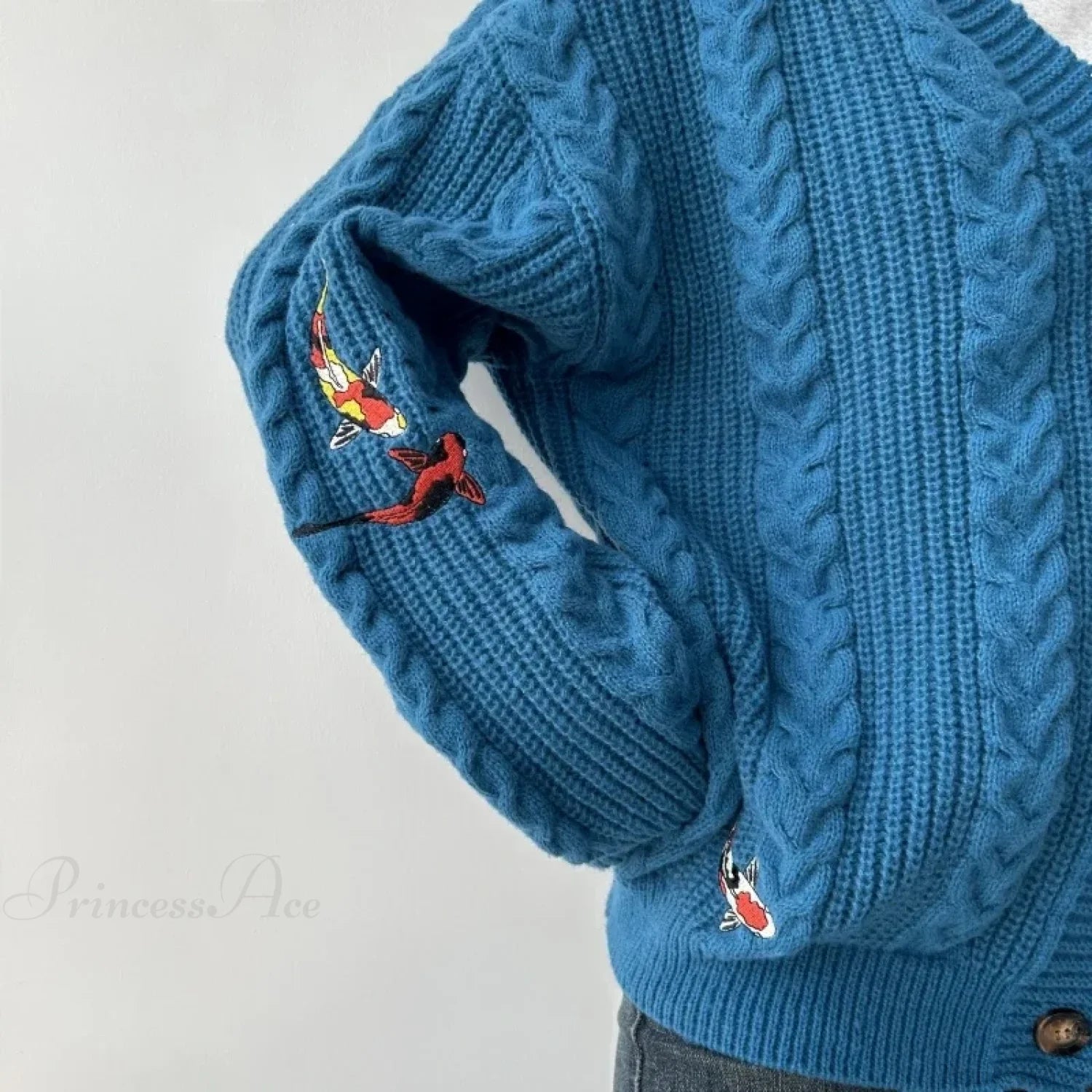 Blue Koi V-neck Embroidered Cardigan
