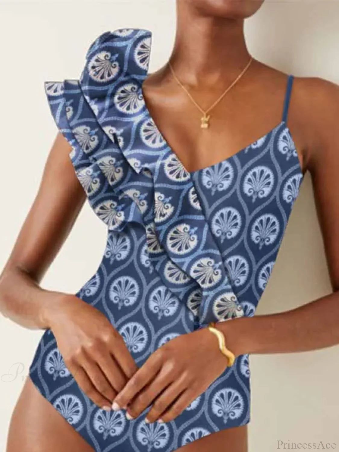 Blue Printed Deep V One Piece Swimsuit onepiece-250223