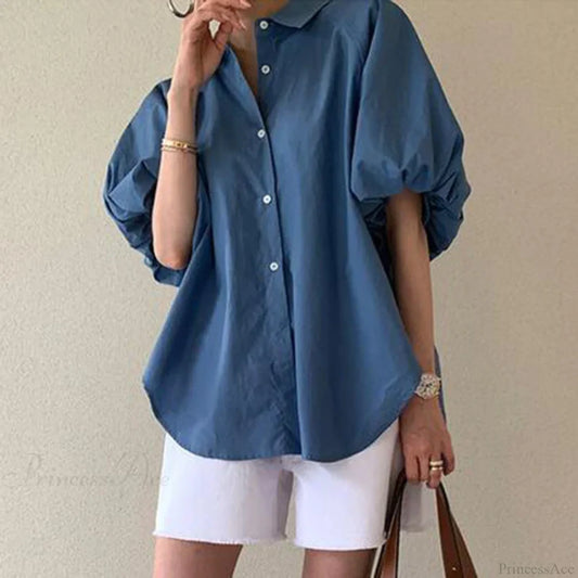 Blue Puff Sleeve Casual Loose Summer Shirt Blue / M blouse-250126