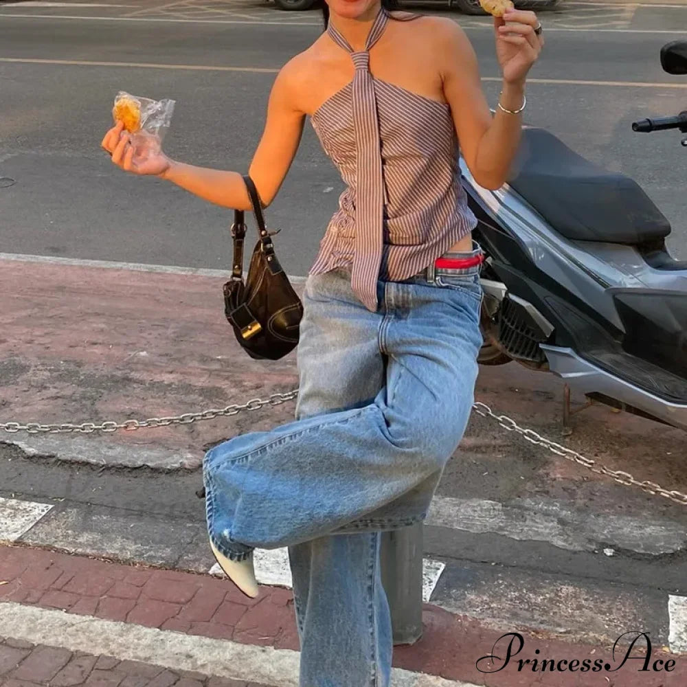 Blue Striped Halter Charming Tie Detail Top