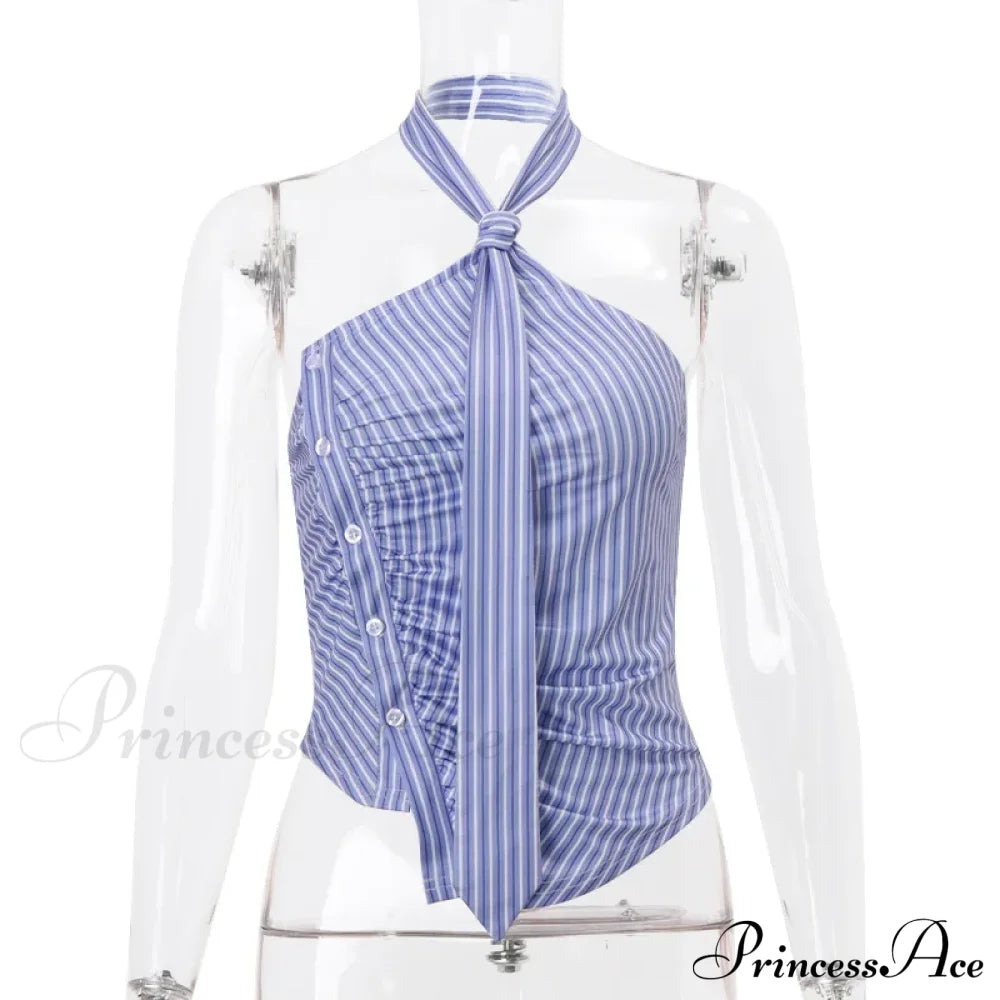 Blue Striped Halter Charming Tie Detail Top