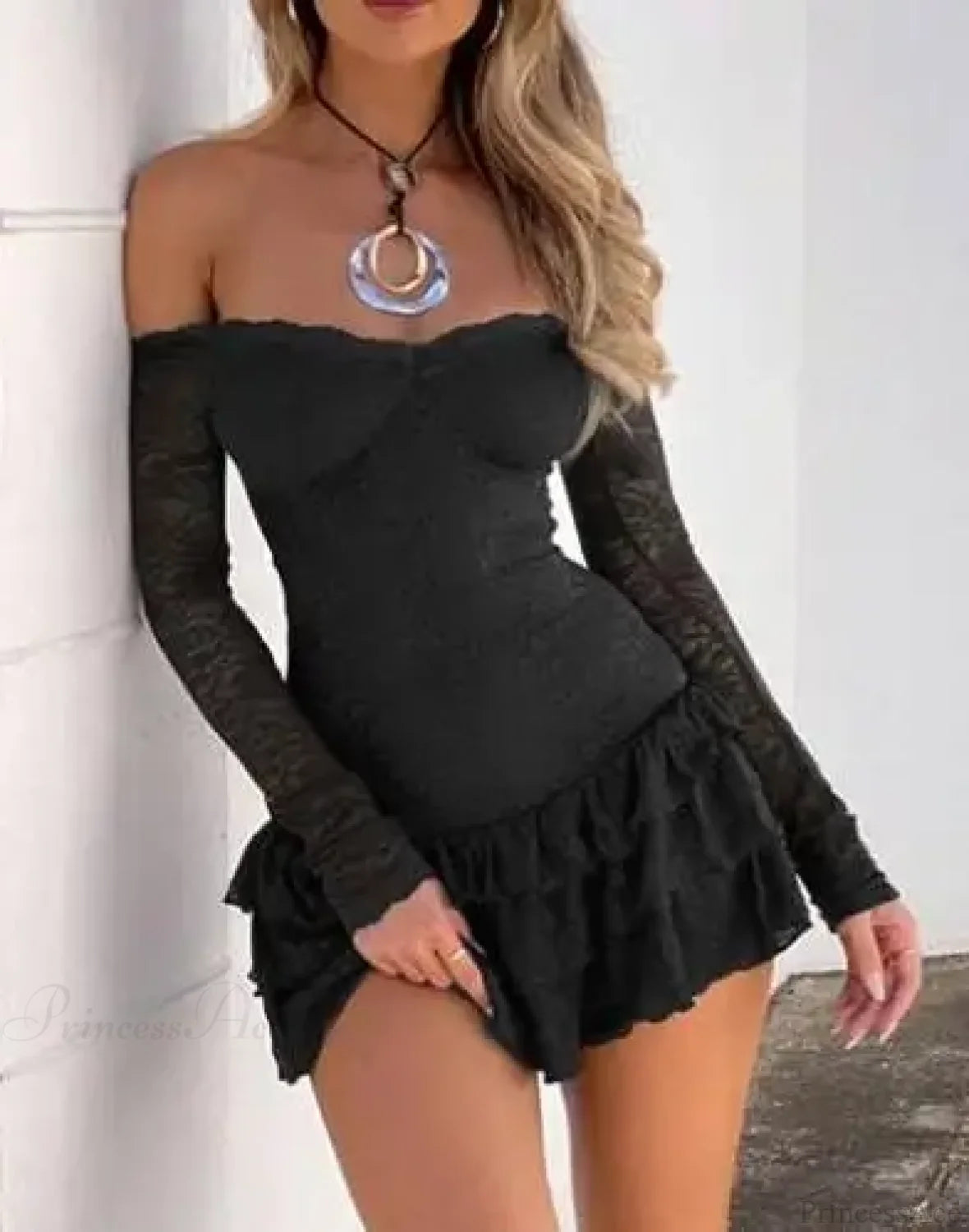 Boat Neck Ruffled Mini Dress black / S minidress-250223
