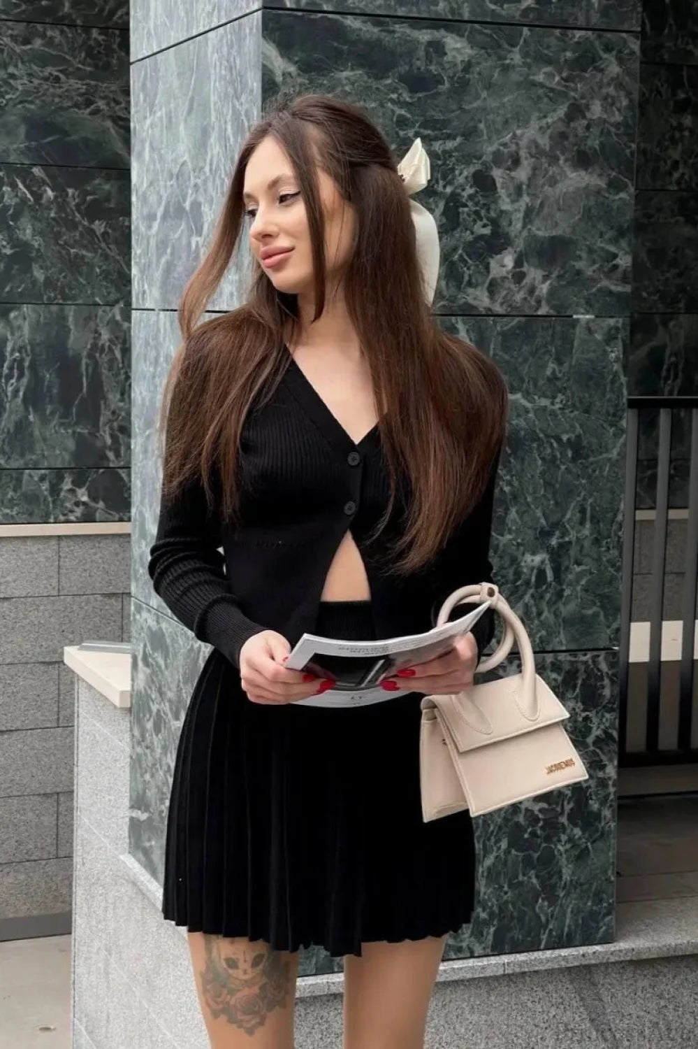 Bodycon Cropped Knit Pleated Two Piece Set Black / S