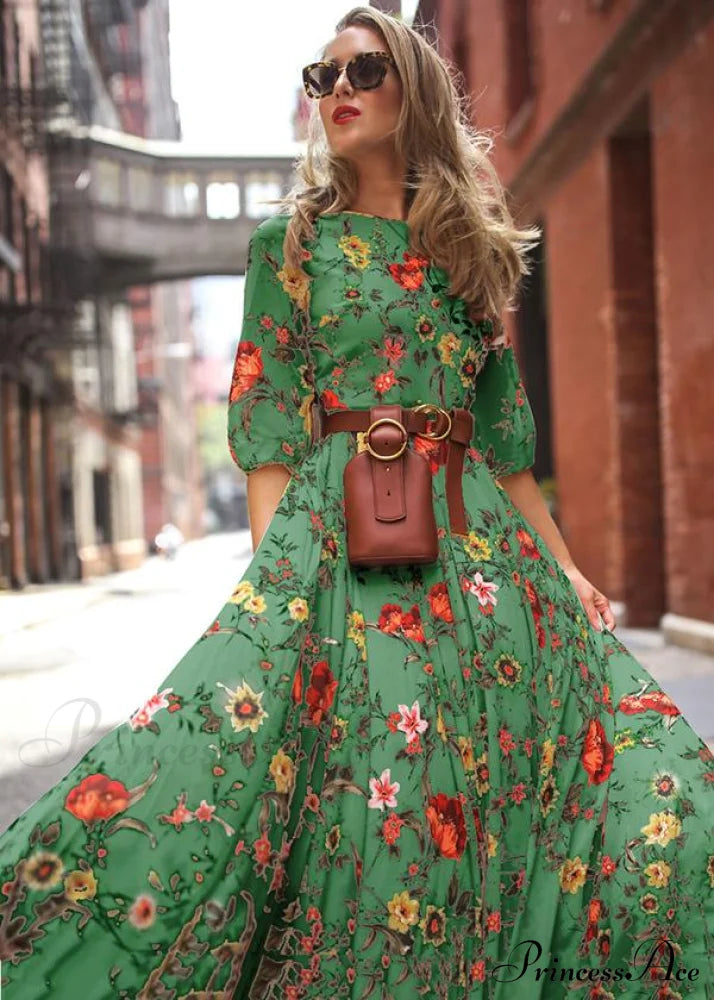 Bohemia Maxi Dress With Floral Round Neck And Half Sleeves M / White Dresses