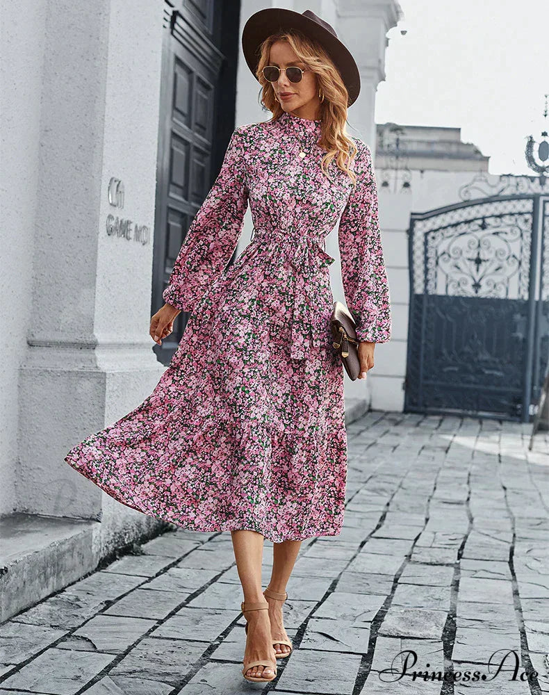 Bohemian Casual Dress With Print M / Pink Print Dress