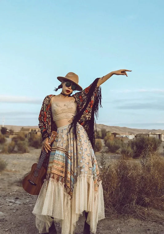 Bohemian Colorful Embroidery Lace Ruffles Asymmetrical Skirt skirt-250126