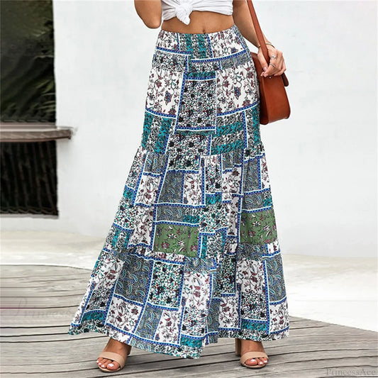 Bohemian Elastic Waist Floral Print Vintage Skirt Blue / S skirt-250126