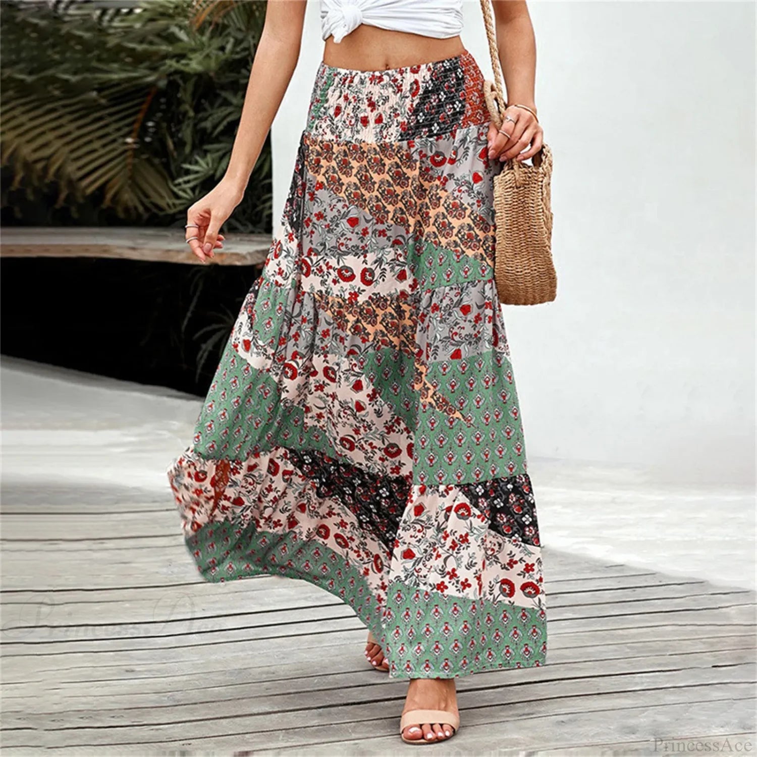 Bohemian Elastic Waist Floral Print Vintage Skirt Green / S skirt-250126