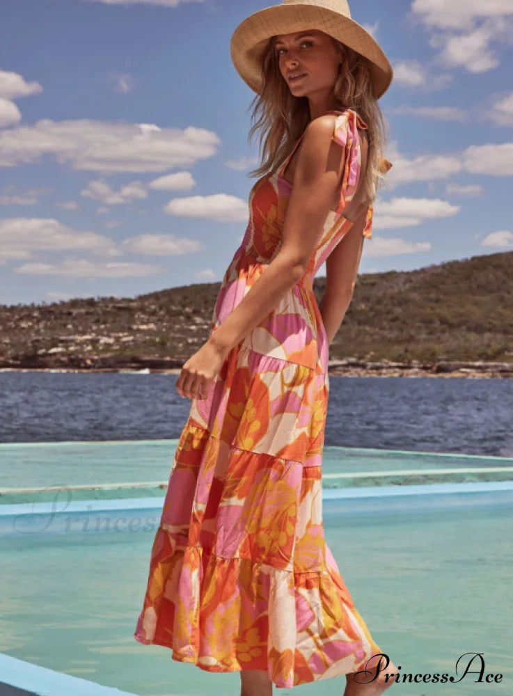 Bohemian Festive Warm-Season Elastic Gown Design With Coastal Women Tie Sundress Up Straps M /