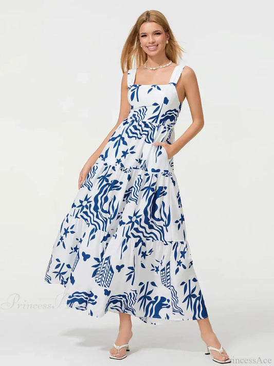 Bohemian Floral Geometric Print Flow Tank Square Neck Sleeveless A-Line Dress BLUE1 / S floraldress-250126