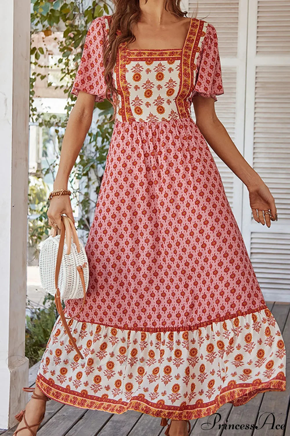 Bohemian Floral Print Ruffle Short Sleeve Women Boho Dress