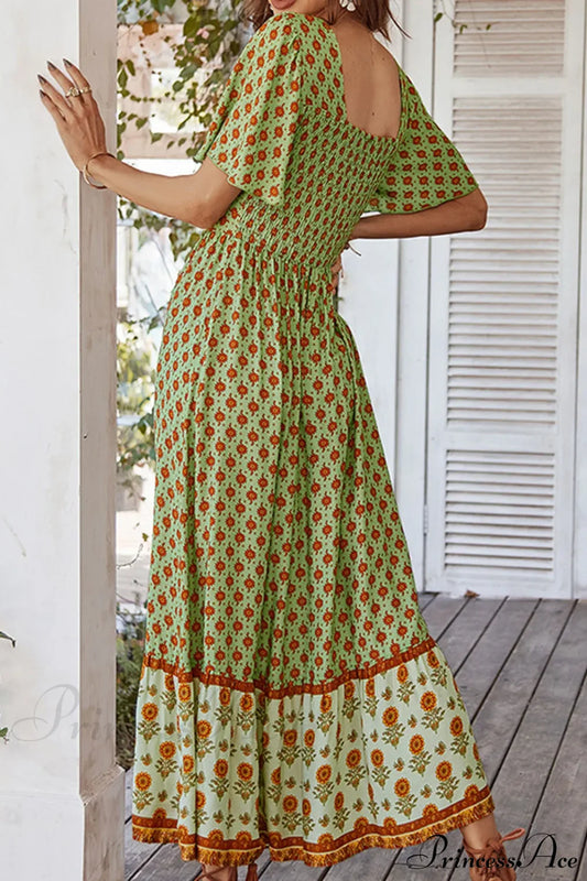 Bohemian Floral Print Ruffle Short Sleeve Women Boho Dress