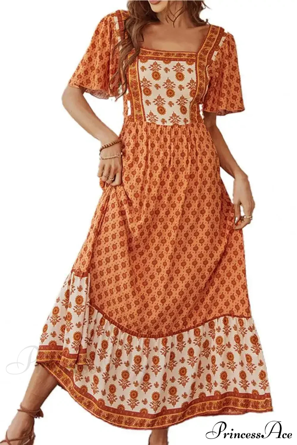 Bohemian Floral Print Ruffle Short Sleeve Women Boho Dress Dark Orange / S