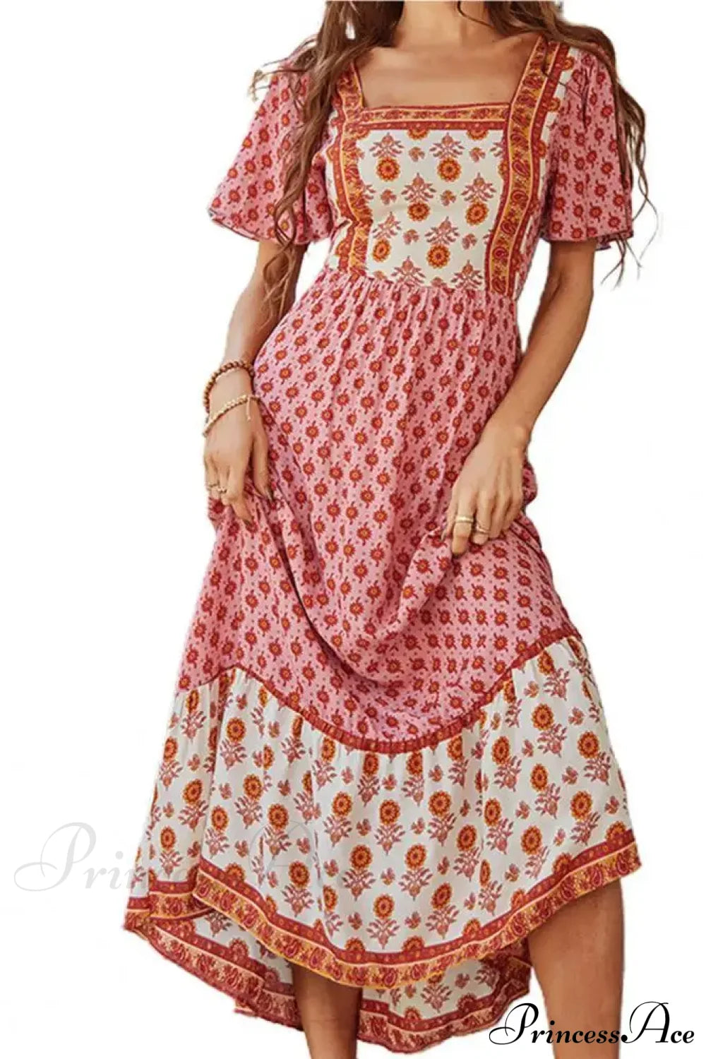 Bohemian Floral Print Ruffle Short Sleeve Women Boho Dress Pink / S
