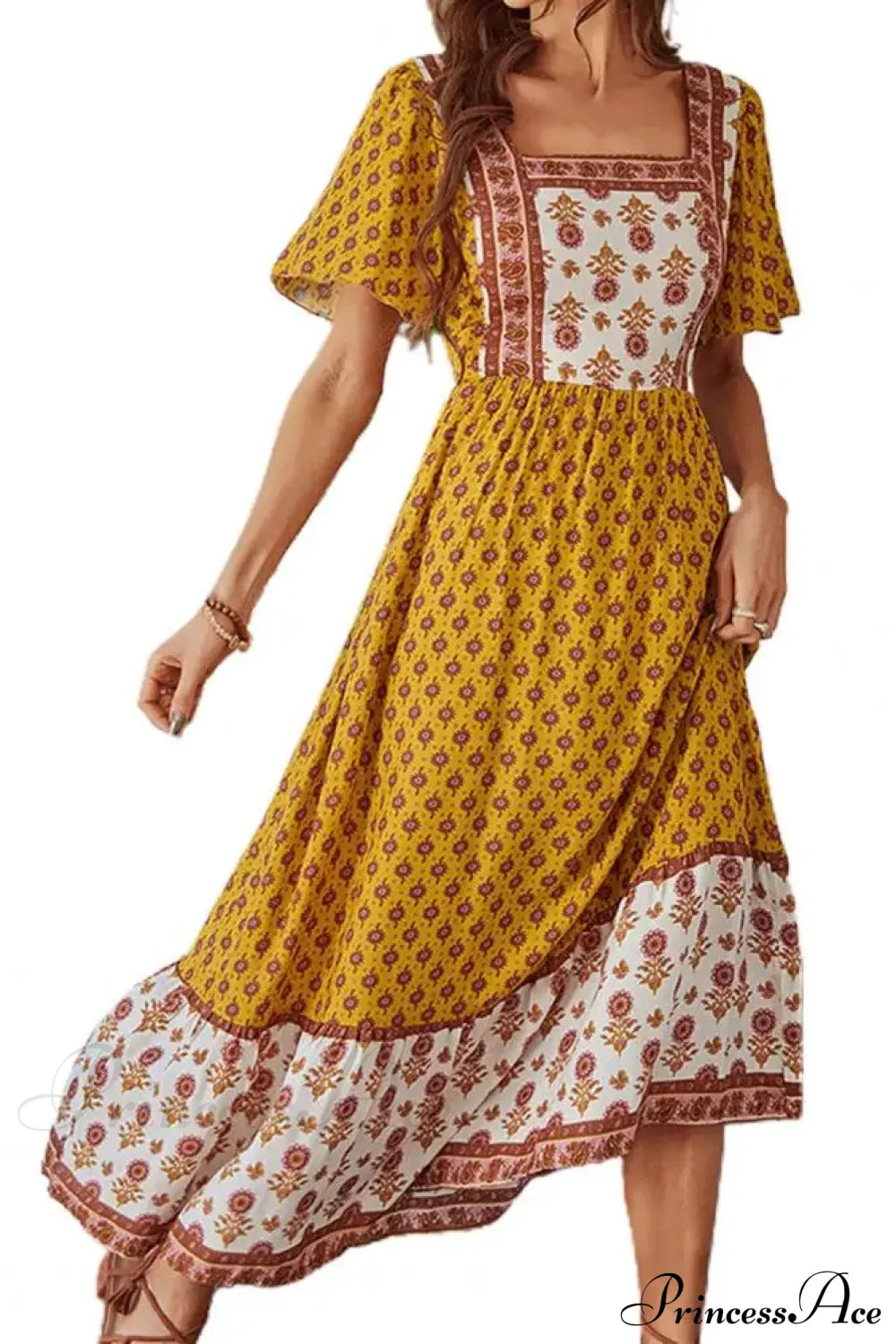 Bohemian Floral Print Ruffle Short Sleeve Women Boho Dress Yellow / S
