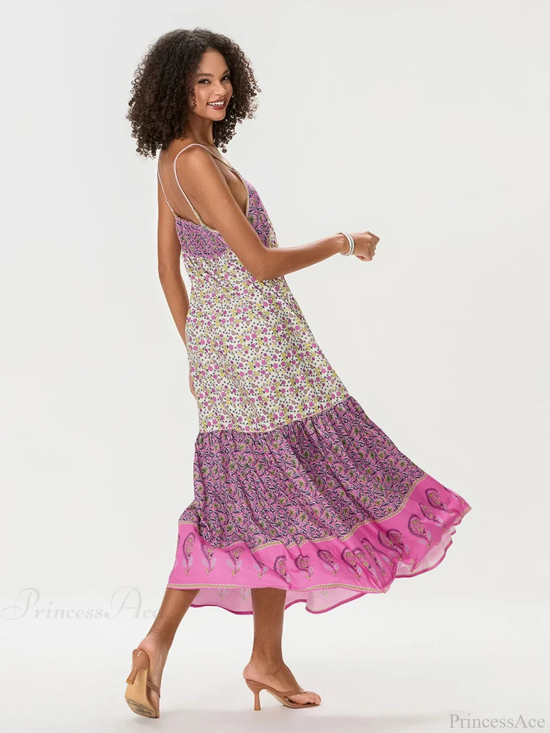 Bohemian Floral Spaghetti Strap Ruched Floral Dress floraldress-250126