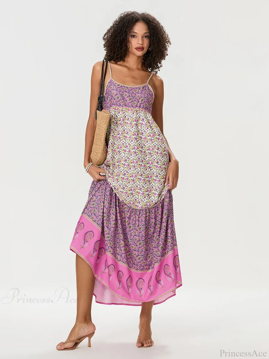 Bohemian Floral Spaghetti Strap Ruched Floral Dress floraldress-250126