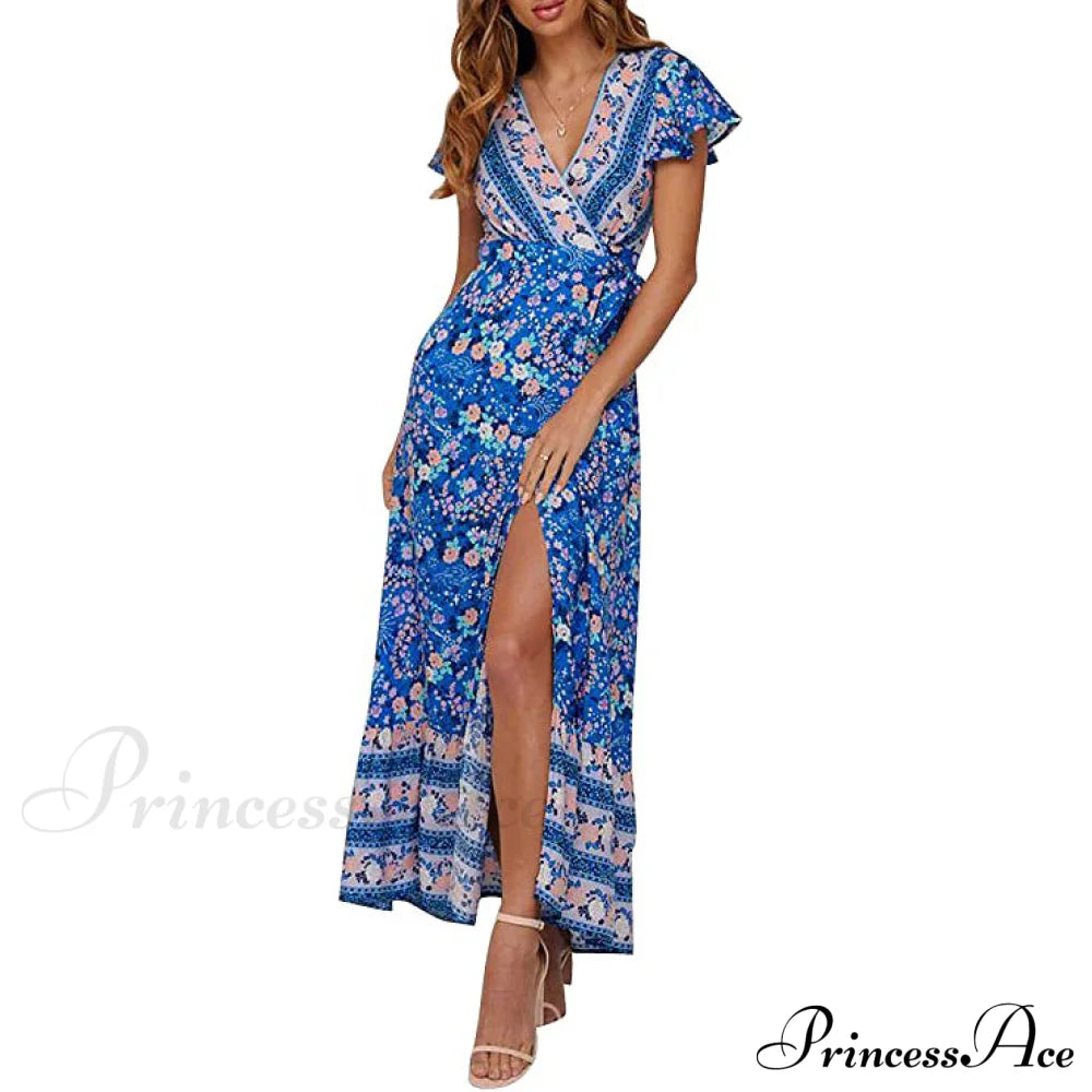 Women's Bohemian Floral Printed Wrap V Neck Maxi Dress Blue __stock:200 casual dresses clothes dresses refund_fee:1200